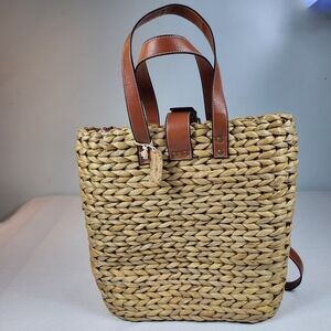 Natural Life Straw Backpack Tote BAG Floral Lined Water Hyacinth Woven Boho NWT